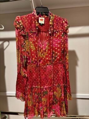 FARM Rio Red and Pink Floral Smocked Mini Dress